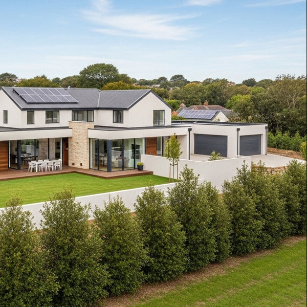 Modern house with solar panels in a green, tree-lined area