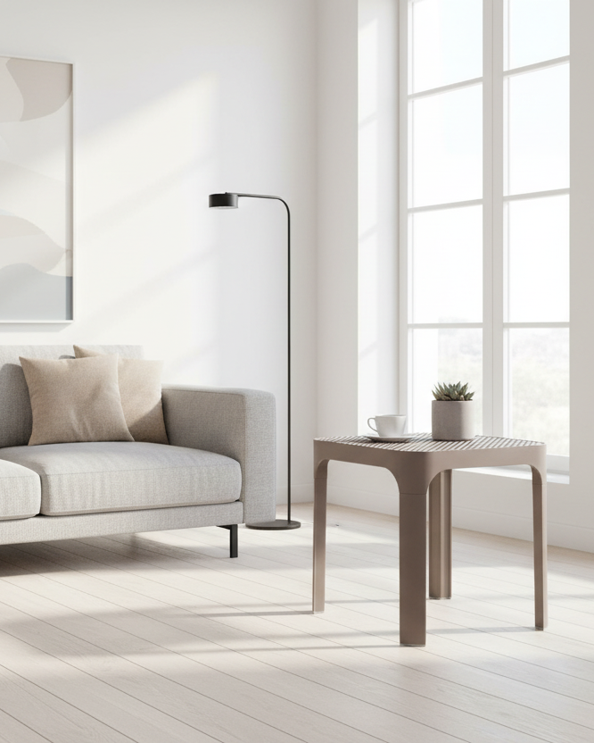 Hexagonal side table with a textured surface on a white background