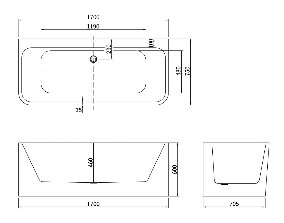 Otto Back to Wall Bath 1700x750x600mm - specifications
