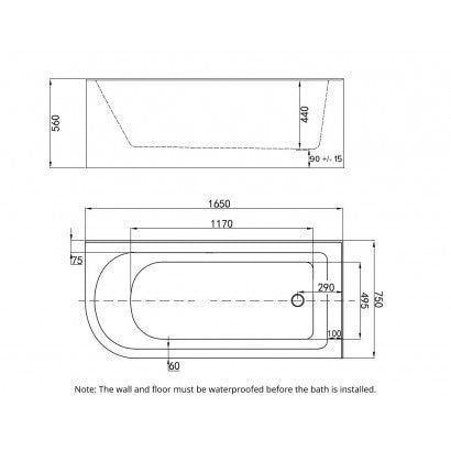 Otto Corner Bath 1650x750x560mm Right - specifications