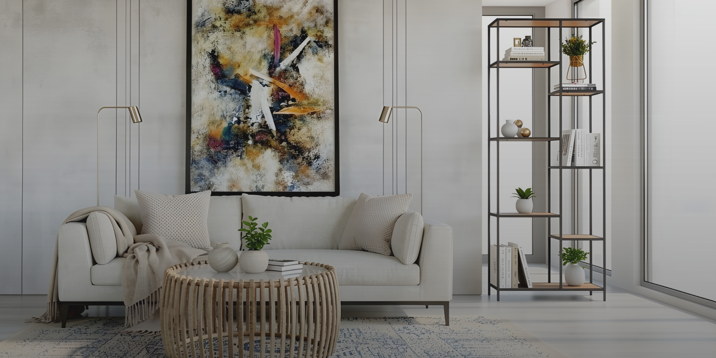 Modern living room with a sofa, coffee table, and decorative items.