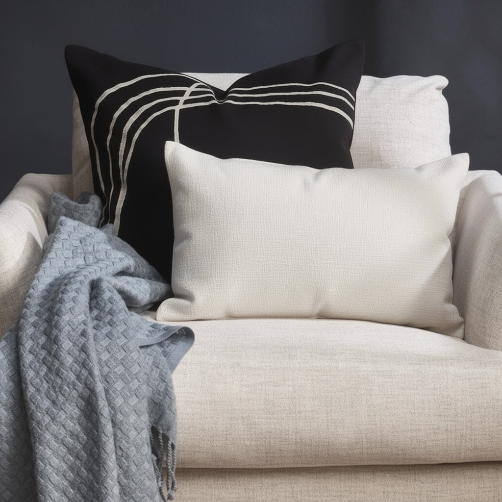 Beige armchair with decorative pillows and a gray blanket against a dark background
