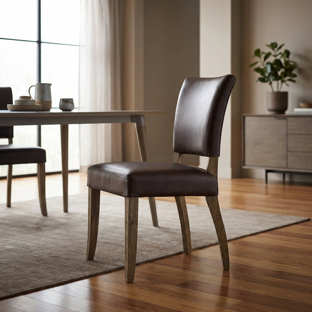 Create a high-resolution, cinematic image of the Crane Leather Dining Chair positioned in a luxurious modern dining room setting. Use softbox lighting to gently illuminate the sleek oak legs and beautifully textured Italian leather upholstery, emphasizing 