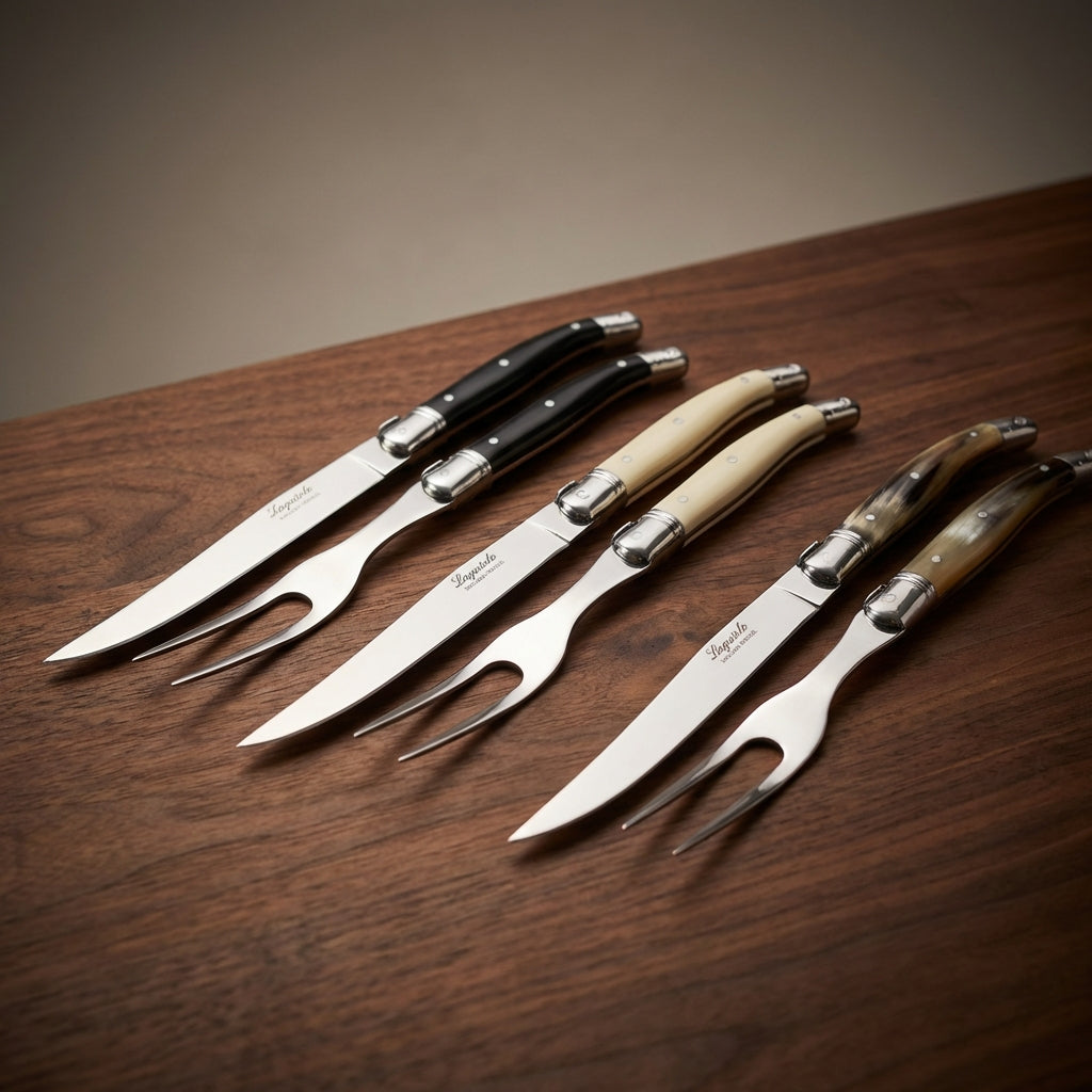 Create a luxurious and sophisticated product image of a Laguiole Carving Set elegantly displayed on a polished dark wood surface. Use softbox lighting to highlight the sleek, high-quality stainless steel blades and the intricately crafted handles available