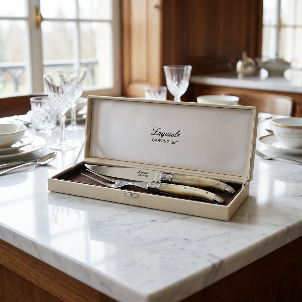 Design a high-resolution, cinematic lifestyle scene featuring the Laguiole Carving Set in an elegant kitchen or dining room setting. The set is displayed inside an open gift box on a pristine marble countertop, with natural diffused daylight enhancing the 