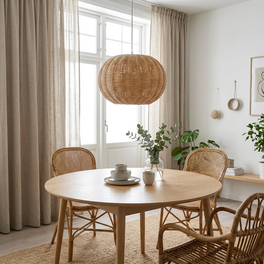 Create an artistic lifestyle scene featuring the Sika Lighting Tangelo - X Small hanging over a modern, Scandinavian-style dining table in a well-lit, airy room. Use HDR studio lighting with rim lights to emphasize the unique shaded pattern and the texture
