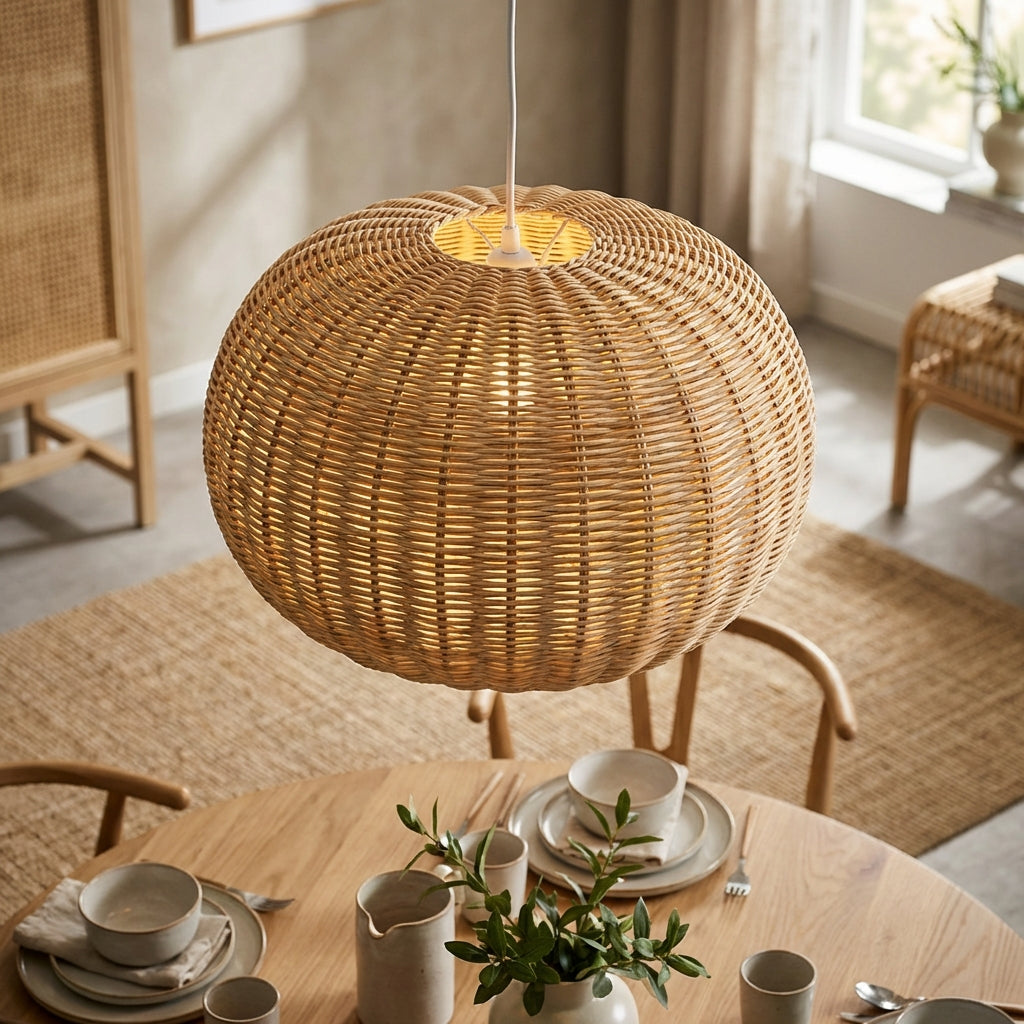Design a vibrant lifestyle scene featuring the 'Sika Lighting Tangelo - Small' in an elegant, contemporary dining space. Use HDR studio lighting with a rim light to accentuate the woven rattan texture and the warm, inviting glow of the lightshade. Position