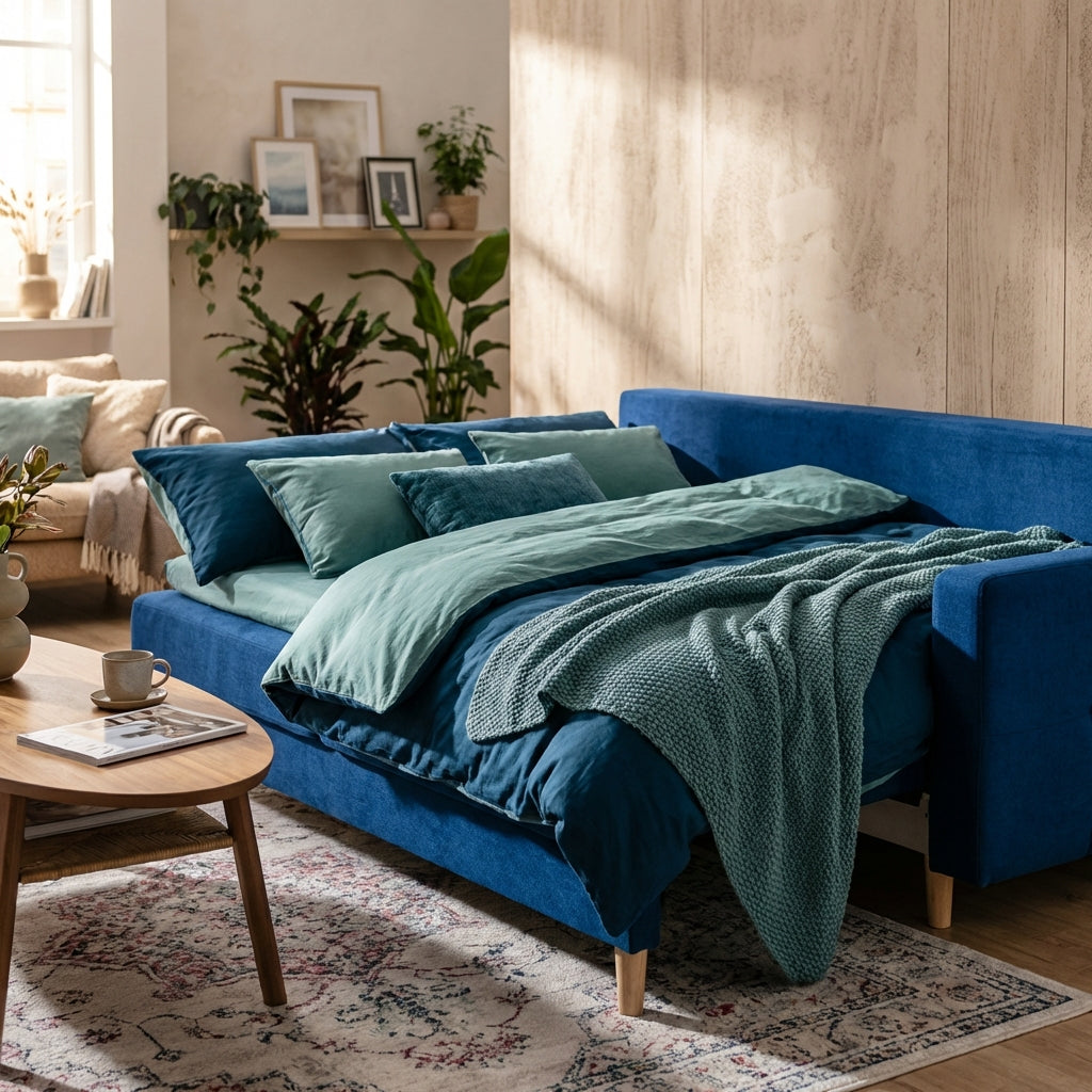 A lifestyle scene illustrating the Noret Sofa bed in a cozy home setting during daytime, shot with a 50mm lens at eye level. The sofa is styled as a bed with plush bedding in complementary oceanic hues, positioned against a textured wall with warm ambient 