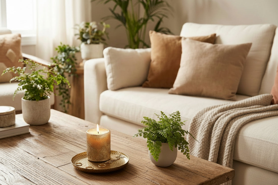 Create an artistic lifestyle scene featuring the Ankara Brass Finish Candle Plate in a cozy, elegantly styled interior setting. Set on a rustic wooden coffee table, the tray holds a lit, ornate candle and delicate small jewelry pieces, suggesting warmth an
