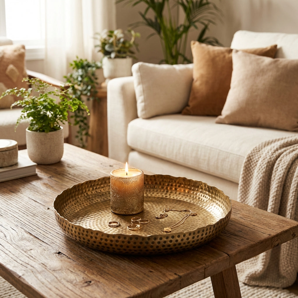 Create an artistic lifestyle scene featuring the Ankara Brass Finish Candle Plate in a cozy, elegantly styled interior setting. Set on a rustic wooden coffee table, the tray holds a lit, ornate candle and delicate small jewelry pieces, suggesting warmth an