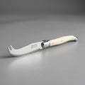 Create a high-resolution, product-focused image of the 'Cheese Knife short - Ivory' set against a sleek, neutral studio backdrop illuminated by softbox lighting, emphasizing the smooth, polished ivory handle and sharp stainless steel blade. Use a shallow d