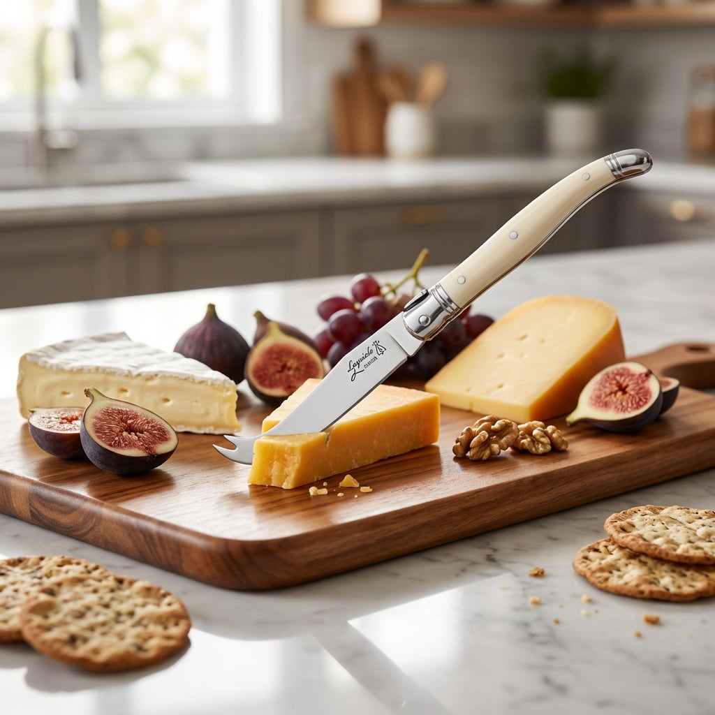 Design a vivid lifestyle scene in a modern, elegant kitchen setting featuring the 'Cheese Knife short - Ivory' prominently displayed on a fashionable cheese board, surrounded by assorted cheeses, fruits, and nuts. Use HDR studio lights to create a bright, 