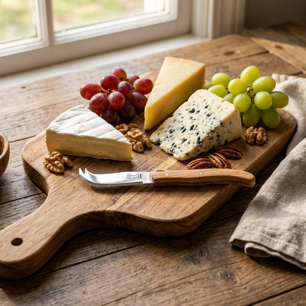 A high-resolution, front-facing studio shot of the Laguiole Wood Short Cheese Knife (HW), delicately placed on a polished dark wood surface with a subtle reflection beneath, showcasing the expertly crafted olive wood handle with intricate grain details. Th
