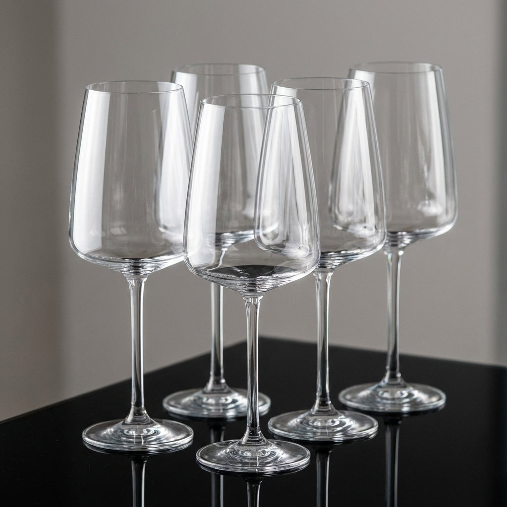 A high-resolution studio shot of the Zwiesel Sensa Flavoursome & Spicy (660ml) glasses, expertly lit with softbox lighting to highlight their sleek, transparent design. The camera is set at a slightly elevated angle with a 50mm focal length, focusing sharp