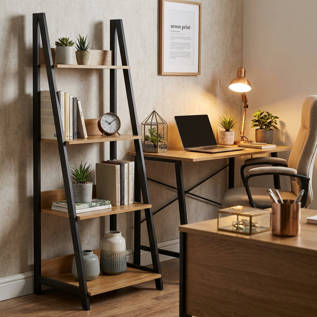 Create a vibrant lifestyle scene showcasing the 'Matis A Book Shelf' in a cozy home office environment. Use softbox lighting to create gentle, even illumination that highlights the robust construction of the melteca shelves and the powder-coated A-frame su