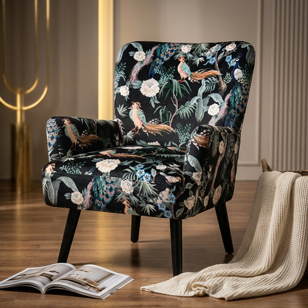 Capture a luxurious, high-end studio scene of the Noja velvet Arm Chair Pawie Print, positioned prominently in the center with a shallow depth of field. Use softbox lighting to create a warm, inviting glow that highlights the plush velvet texture and intri