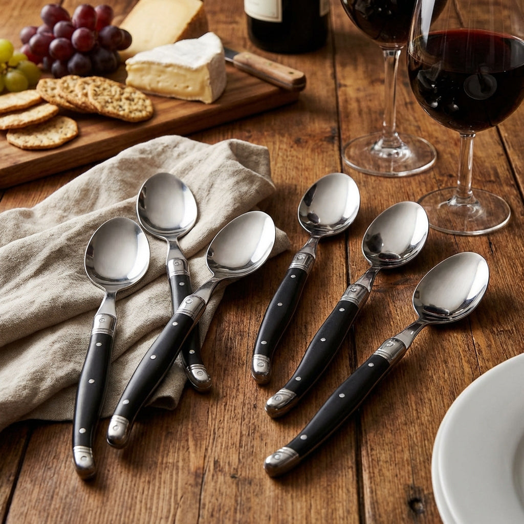 Create a vibrant lifestyle scene featuring the "Laguiole Spoons Black- Set 6" placed on a rustic wooden table with a beautifully set French-inspired dinner. Use HDR studio lighting to bring out the deep black matte finish of the handles contrasted with the