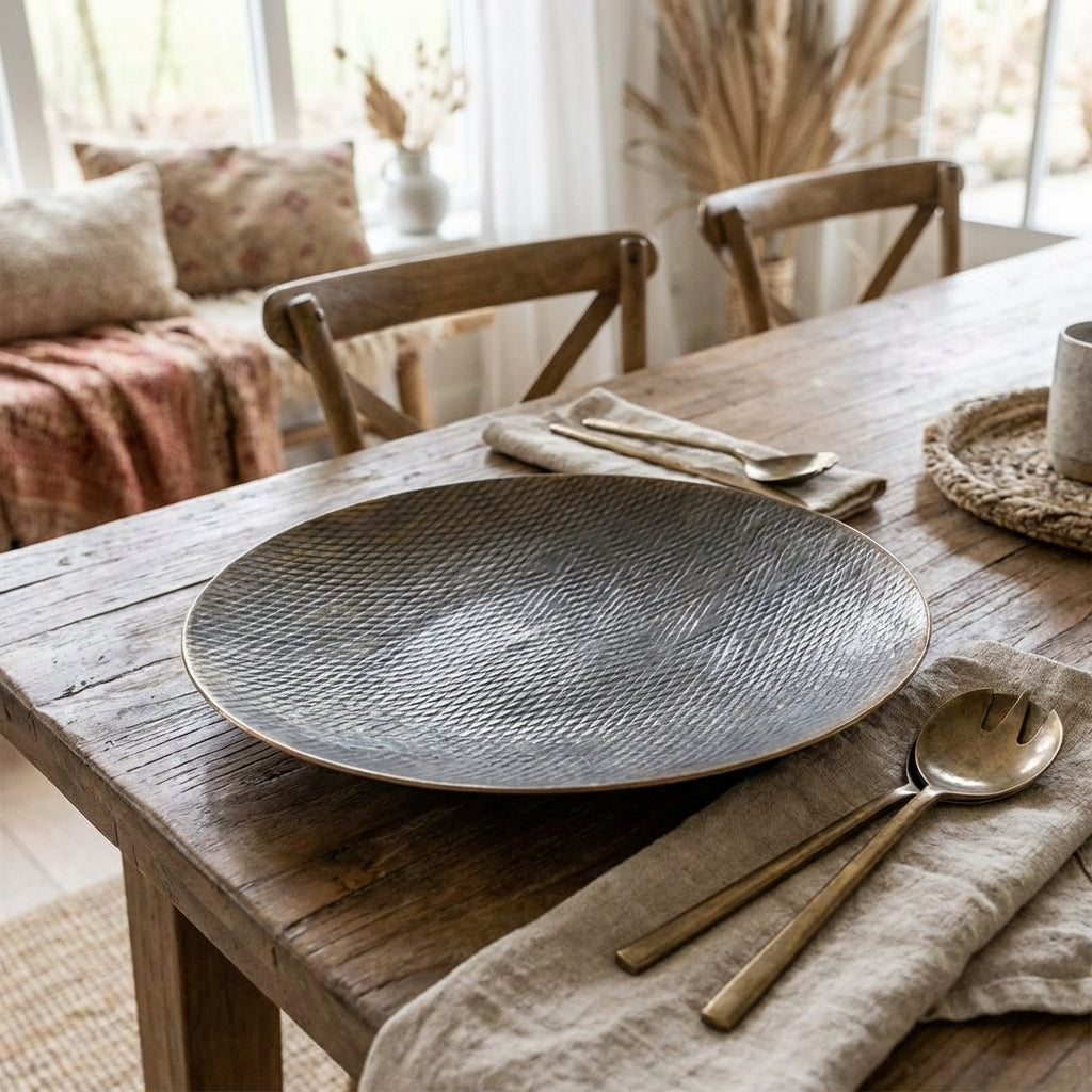 A lifestyle-inspired scene featuring the Ankara Brass Plate as a centerpiece on a rustic wooden table, styled with complementary vintage brass utensils and a linen napkin. The setting is bathed in diffused natural daylight, created with a large window soft