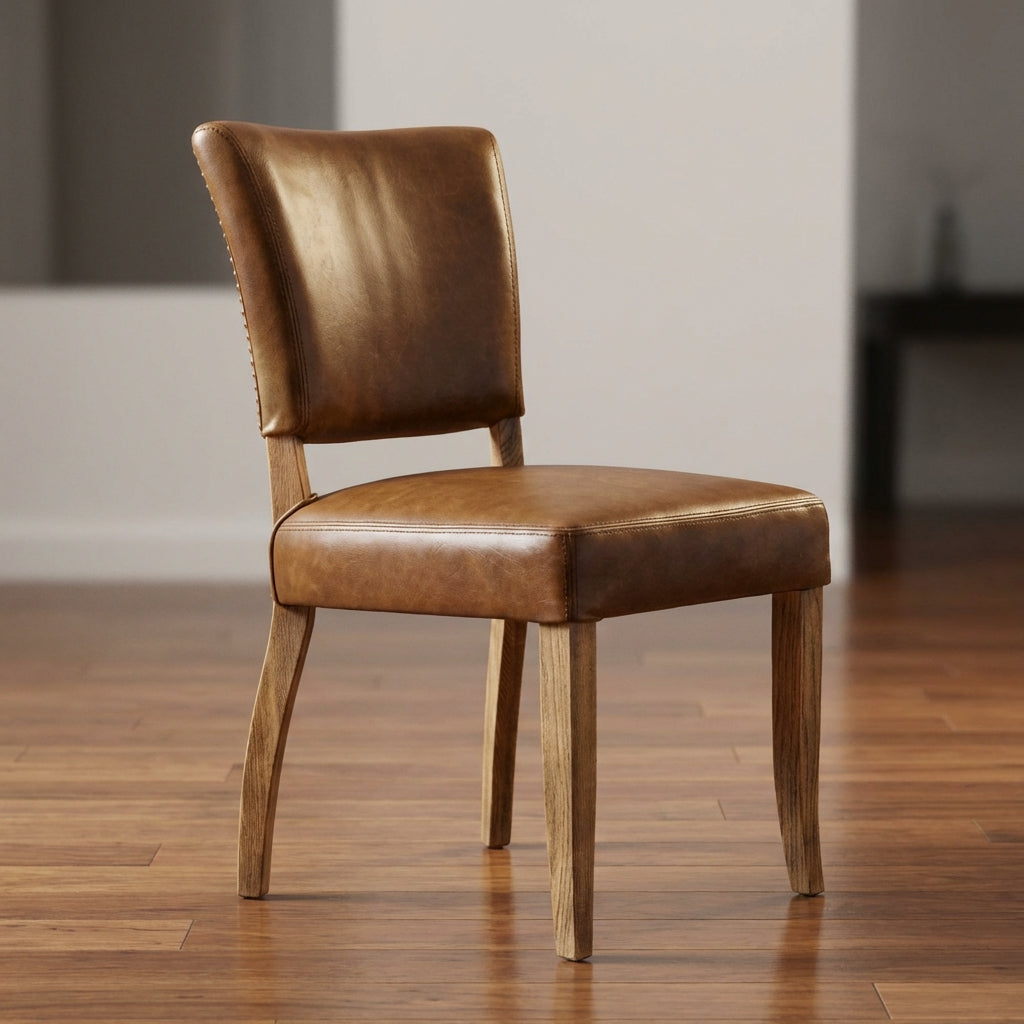1. Capture a sophisticated, high-resolution studio shot of the Crane Leather Dining Chair in a luxurious setting. Use softbox lighting to create a warm, inviting glow, highlighting the rich, aged brown top-grain semi-aniline leather with subtle reflections