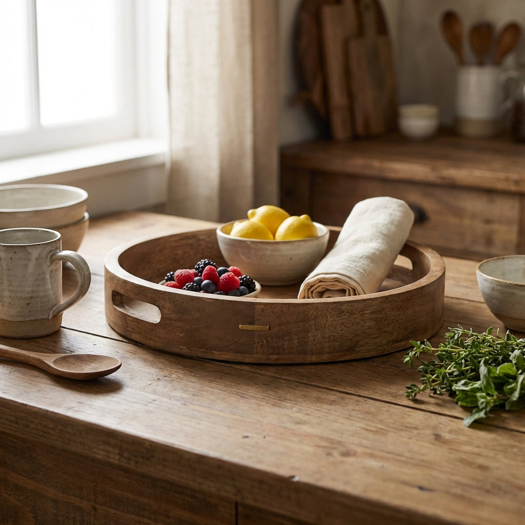 Design a vibrant lifestyle scene featuring the small natural wooden tray on a rustic kitchen countertop. Use diffused daylight to create a warm, inviting mood, with a shallow focus on the tray to emphasize its smooth, handcrafted surface and cut-out handle