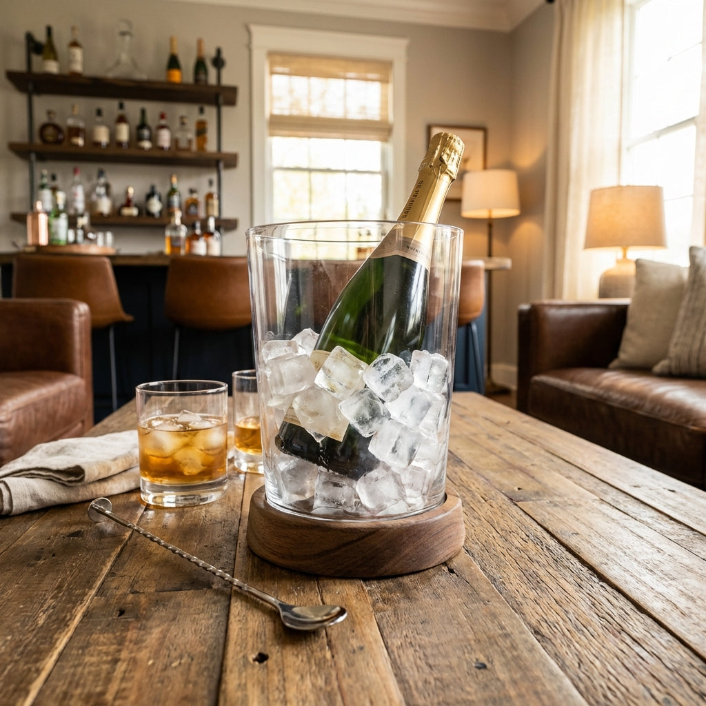 Create a sophisticated product shot of the Harvey Ice Bucket set, positioned on a sleek modern bar counter illuminated with softbox lighting that highlights the transparency and texture of the glassware. Capture from a slightly elevated angle with a 50mm l