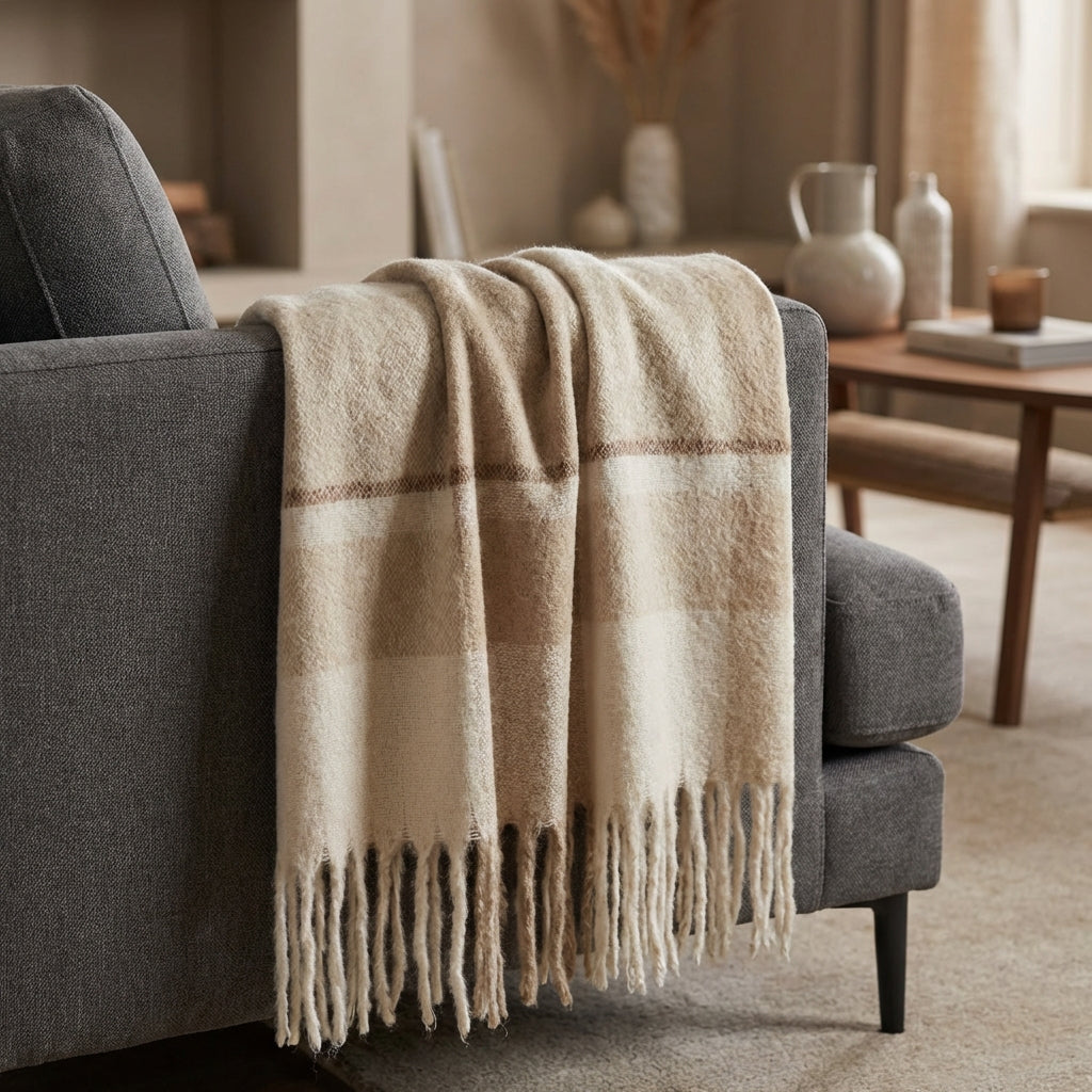 Create a luxurious and inviting product image of the Isabel Plaid Throw 160cm in beige, draped elegantly on a modern sofa within a sophisticated living room setting. Use softbox lighting to highlight the high-quality recycled polyester fabric's subtle shee