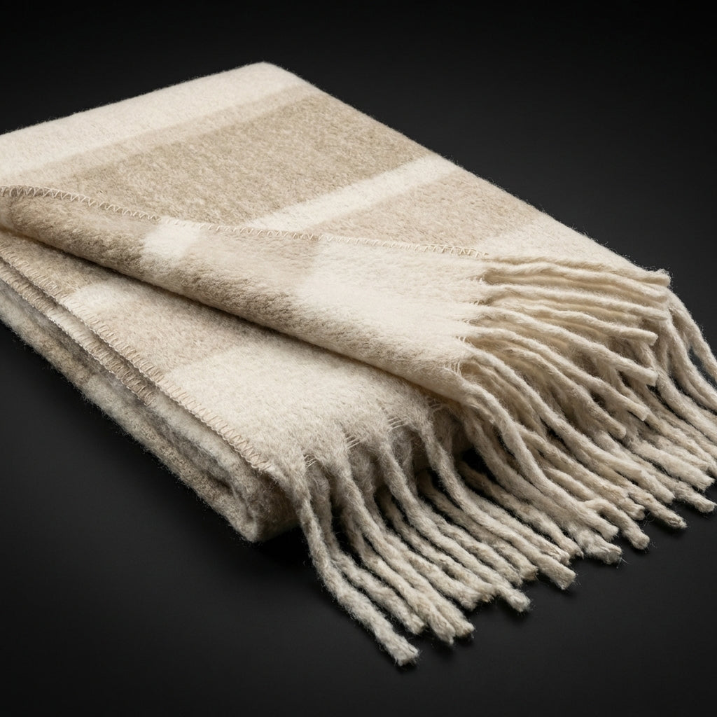 Create a luxurious and inviting product image of the Isabel Plaid Throw 160cm in beige, draped elegantly on a modern sofa within a sophisticated living room setting. Use softbox lighting to highlight the high-quality recycled polyester fabric's subtle shee