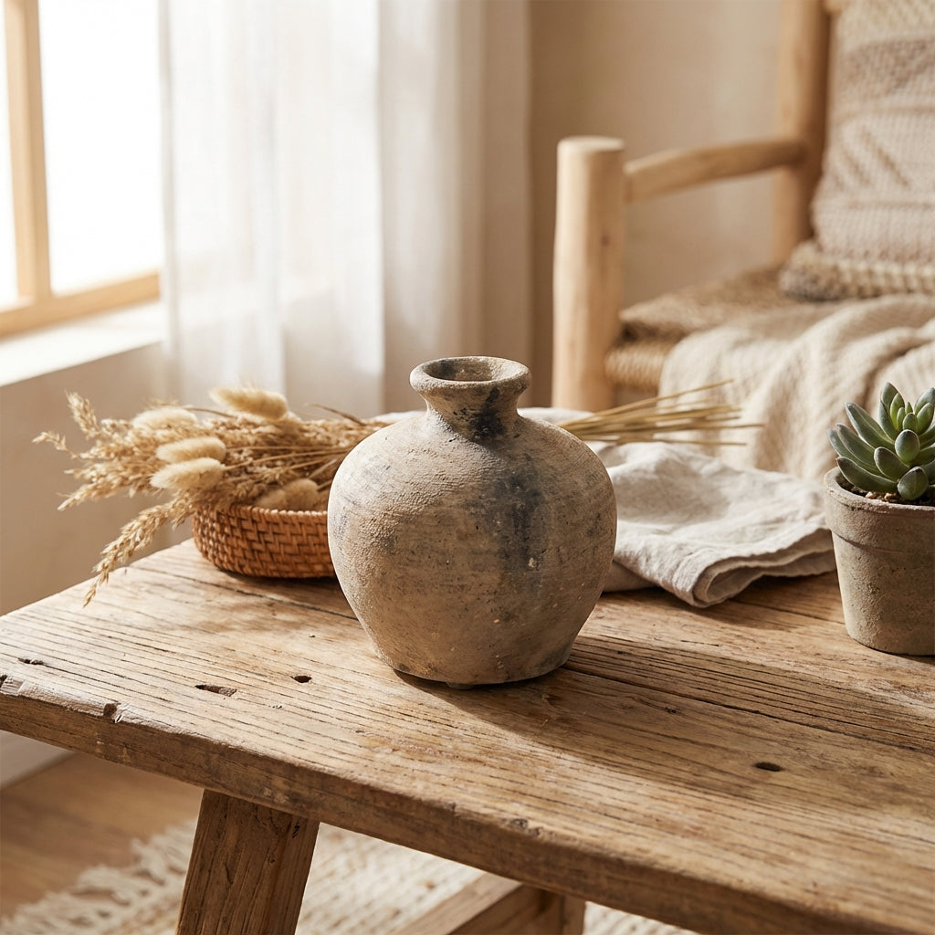 A lifestyle setting featuring a rustic mini pot placed on a weathered wooden table, lit by diffuse daylight streaming through a nearby window, creating gentle shadows and a cozy atmosphere. The shot is taken with a 35mm lens slightly above and at an angle,