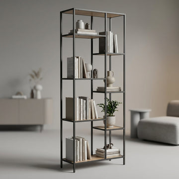 Create a high-resolution, studio-standard image of the Costa A Shelving Unit Large, positioned in a minimalist modern living room setting, illuminated with softbox lighting to highlight the sleek, matte finish of the high-quality materials. Capture a front