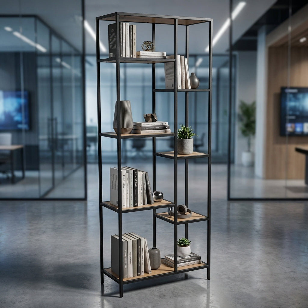 Create a high-resolution, studio-standard image of the Costa A Shelving Unit Large, positioned in a minimalist modern living room setting, illuminated with softbox lighting to highlight the sleek, matte finish of the high-quality materials. Capture a front