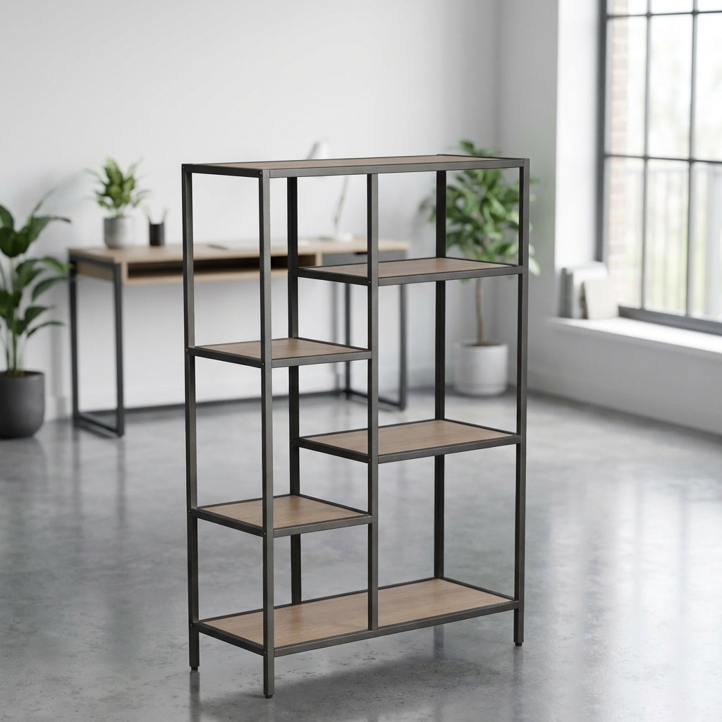 Create a high-resolution, studio shot of the Costa B Shelving Unit in a bright, contemporary home office setting. Use softbox lighting to evenly illuminate the sleek, modern design made of high-quality matte wood and steel accents. Capture the shelving uni