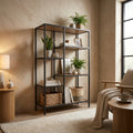 Create an artistic lifestyle scene showcasing the Costa B Shelving Unit in a cozy, stylish living room corner. Use HDR studio lighting to highlight the unit’s textured surfaces and multi-level design. Position the camera at a low angle with a 24mm wide-ang