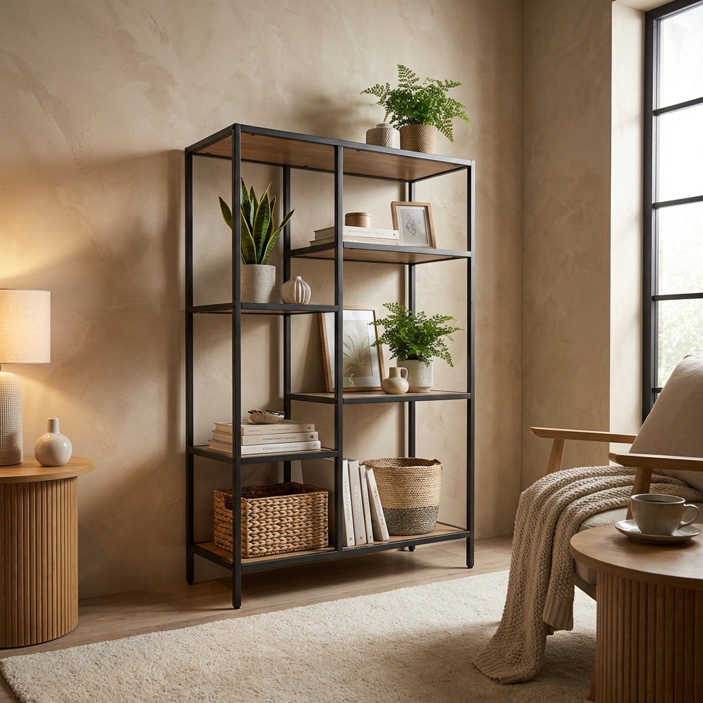 Create an artistic lifestyle scene showcasing the Costa B Shelving Unit in a cozy, stylish living room corner. Use HDR studio lighting to highlight the unit’s textured surfaces and multi-level design. Position the camera at a low angle with a 24mm wide-ang