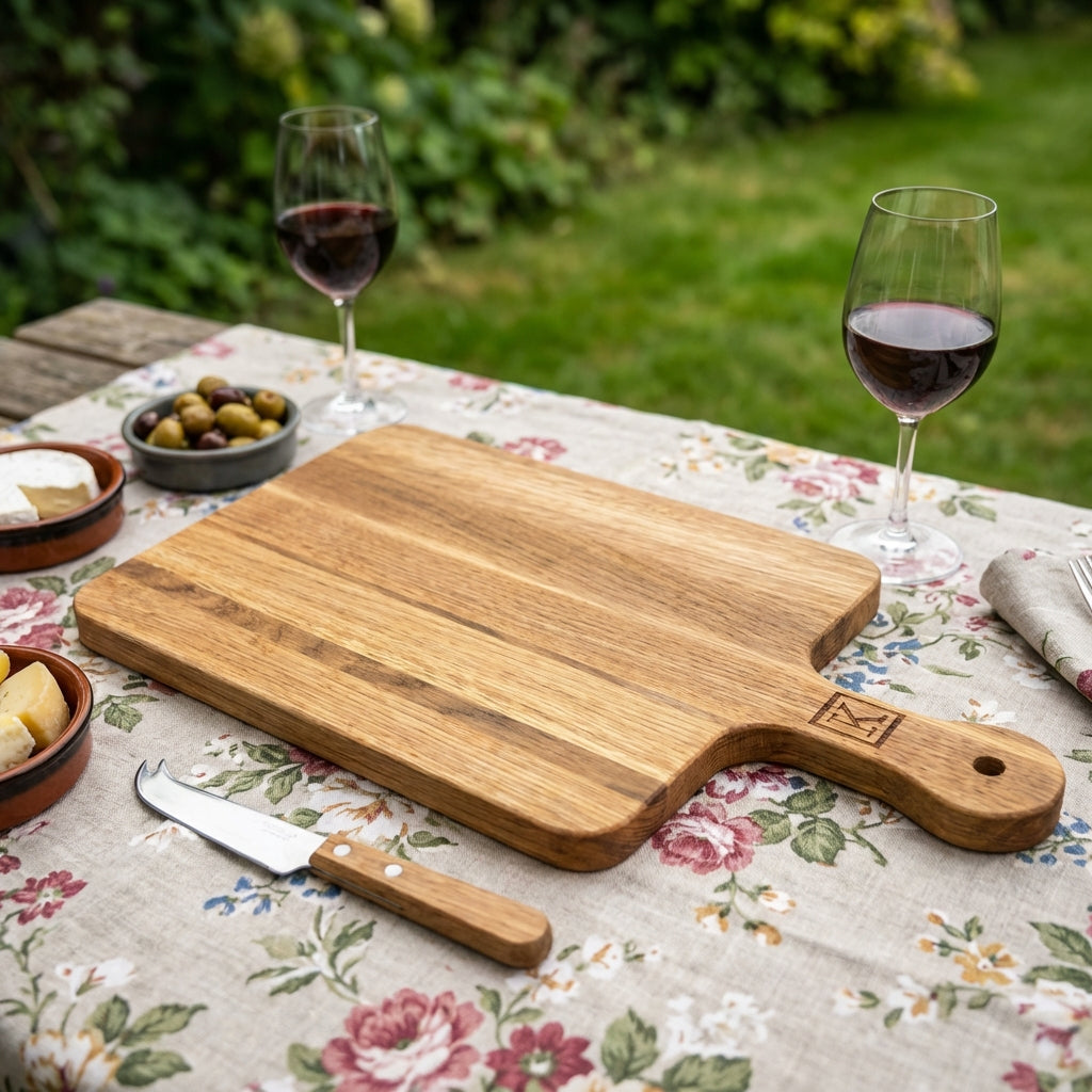 Depict the 'Serving Board Oak' in an outdoor, rustic picnic scene, under natural diffused daylight. Use HDR studio lighting effects to bring out the warm, honey-toned wood grain and the detailed craftsmanship of the board. The shot is a top-down perspectiv