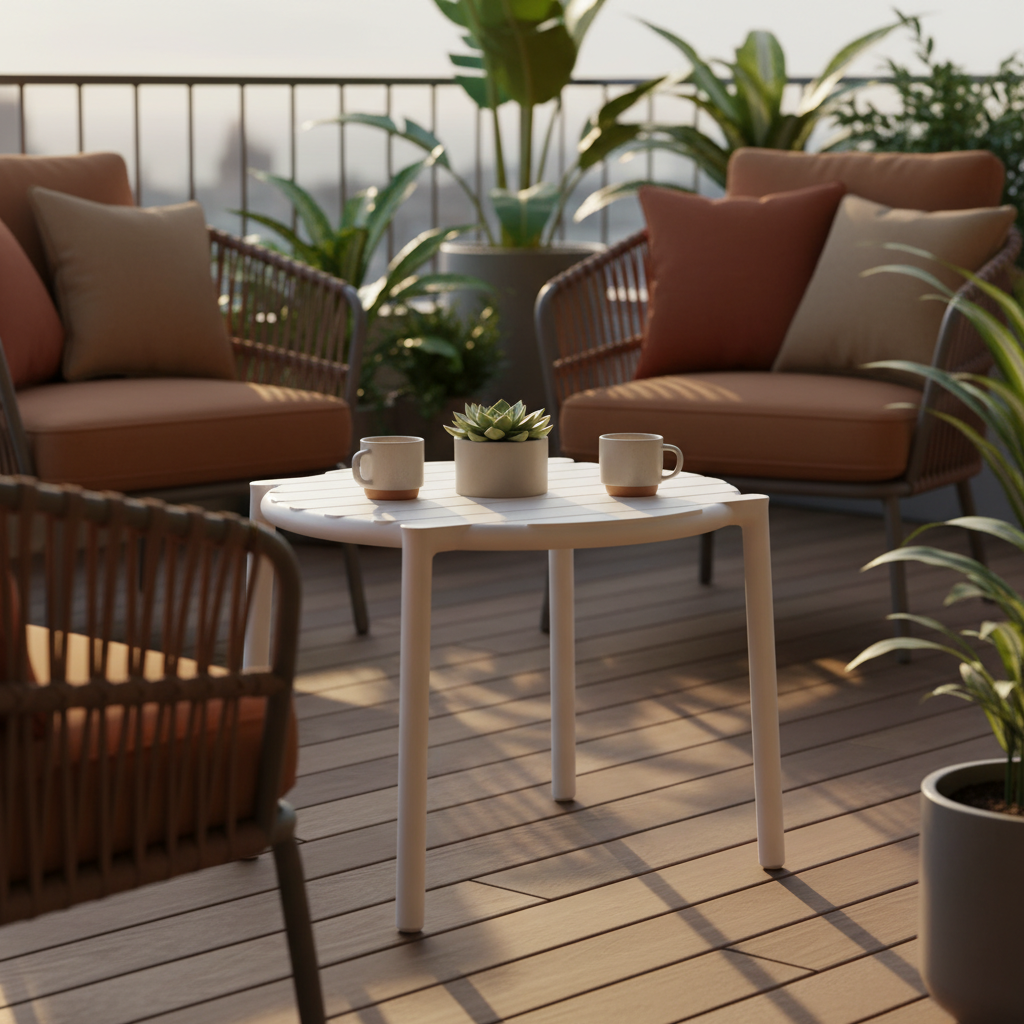 Create a lifestyle-inspired image of the Doga Coffee Table in a stylish balcony setting during golden hour. Illuminate with rim light to emphasize the monobloc craftsmanship and textured slats, captured from a slightly elevated camera angle with a 50mm len