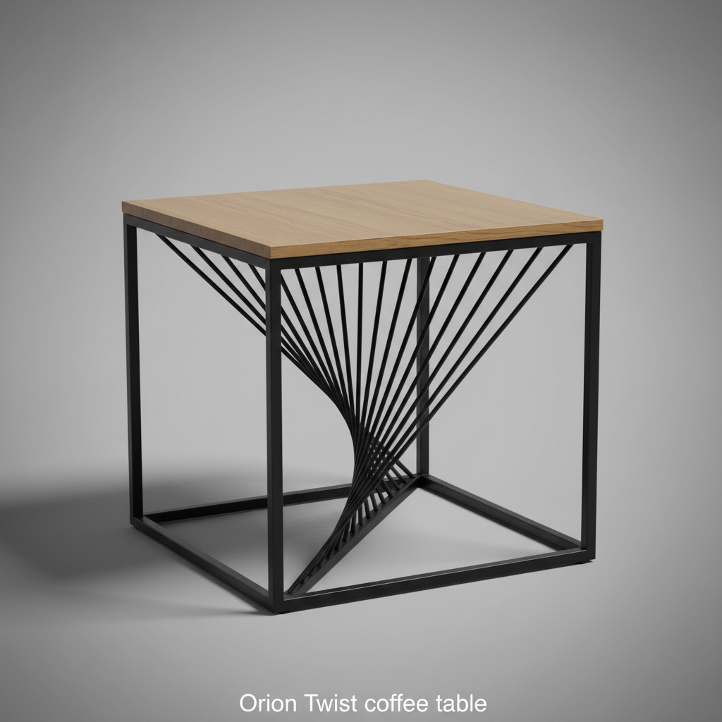 A high-resolution, studio-shot of the Orion Twist coffee table set against a smooth, neutral gray gradient background. The scene is illuminated with softbox lighting, emphasizing the sleek black twisted metal base with subtle reflections and shadows that h