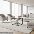 A lifestyle scene featuring the Orion Twist coffee table in a modern, minimalist living room illuminated by diffused daylight through large windows. The table is centered with comfortable, stylish seating around it, including a plush sofa and a textured ru