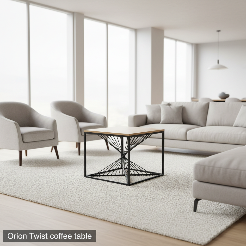 A lifestyle scene featuring the Orion Twist coffee table in a modern, minimalist living room illuminated by diffused daylight through large windows. The table is centered with comfortable, stylish seating around it, including a plush sofa and a textured ru