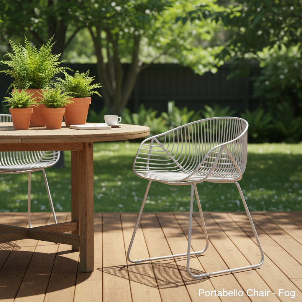 A lifestyle scene depicting the Portabello Chair - Fog in a stylish outdoor patio setting during daylight. The chair is styled as part of a cozy café setup with a rustic wooden table, potted plants, and ambient natural light filtered through surrounding fo