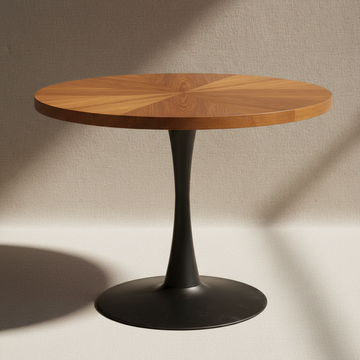 Capture the Halm Oak Veneer Table Carmelo in a sophisticated studio environment using softbox lighting that highlights the natural grain and smooth finish of the 1-meter oak veneer top. The camera is set at a 45-degree angle with a 50mm focal length, focus