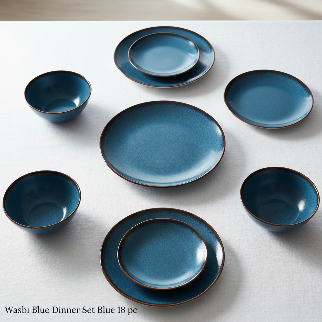 Capture a luxurious dining table scene featuring the Wasbi Blue Dinner Set 18 pc, shot with a professional HDR studio light setup to emphasize the vibrant blue color and glossy ceramic material. The scene is illuminated by a softbox light to create gentle,