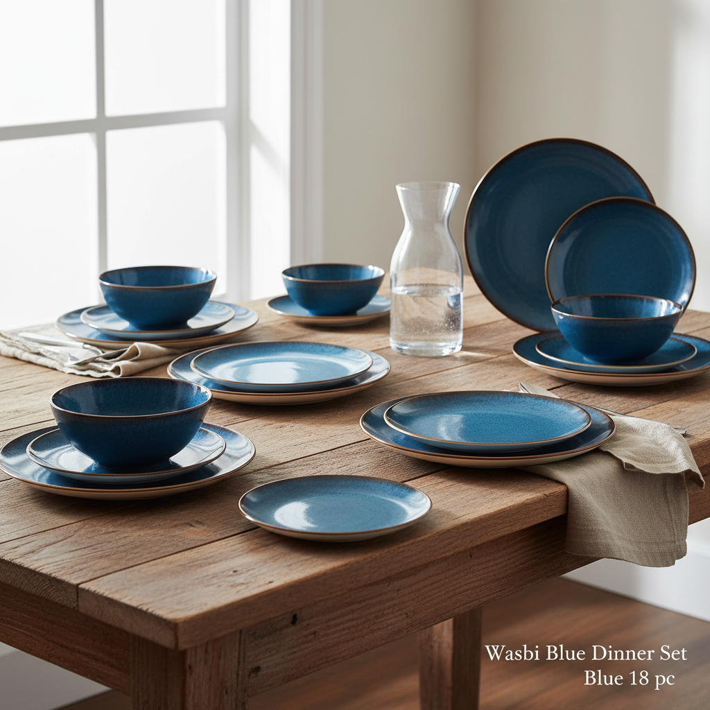 Capture a luxurious dining table scene featuring the Wasbi Blue Dinner Set 18 pc, shot with a professional HDR studio light setup to emphasize the vibrant blue color and glossy ceramic material. The scene is illuminated by a softbox light to create gentle,