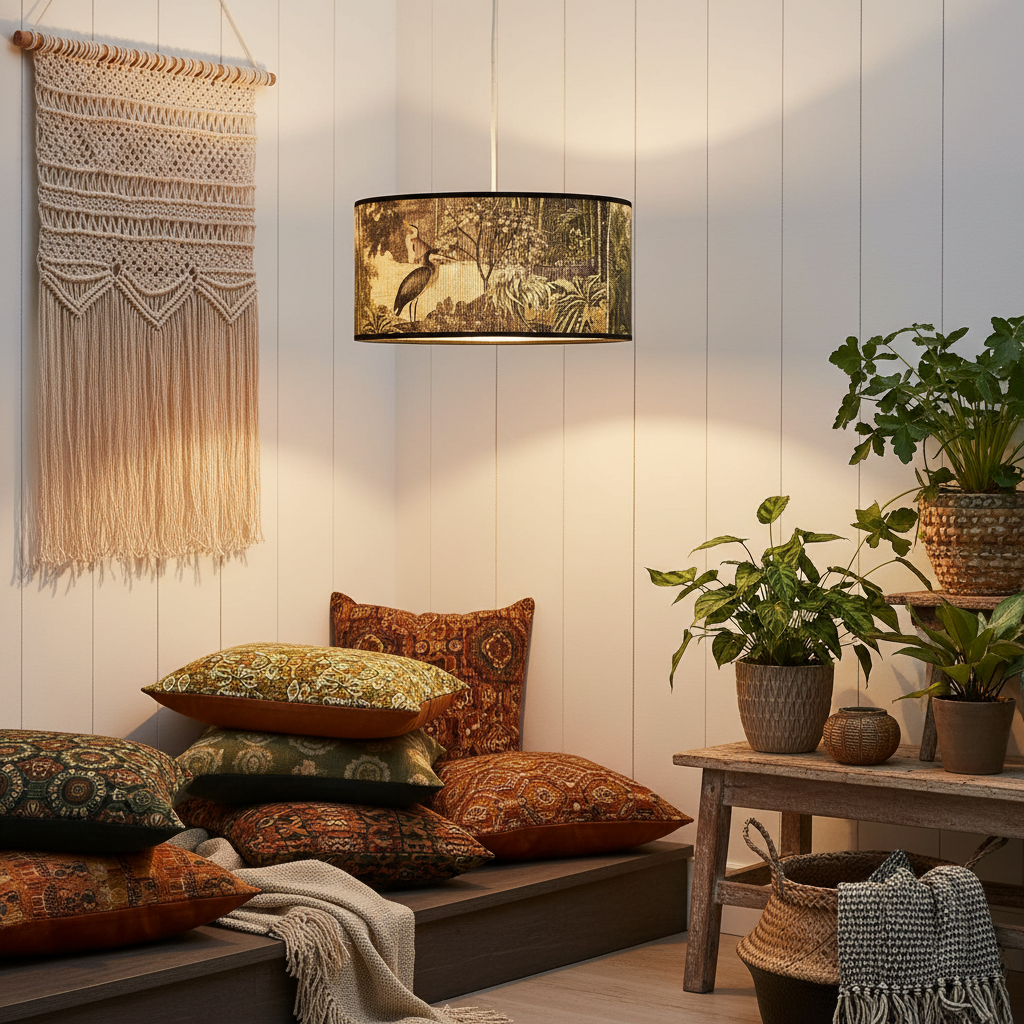 A highly detailed studio shot of the Bamboo Lampshade - Muted Birds, captured with a softbox lighting setup to emphasize its intricate design. The lampshade is suspended in a minimalist, modern interior setting with a neutral-toned background. The metal ri