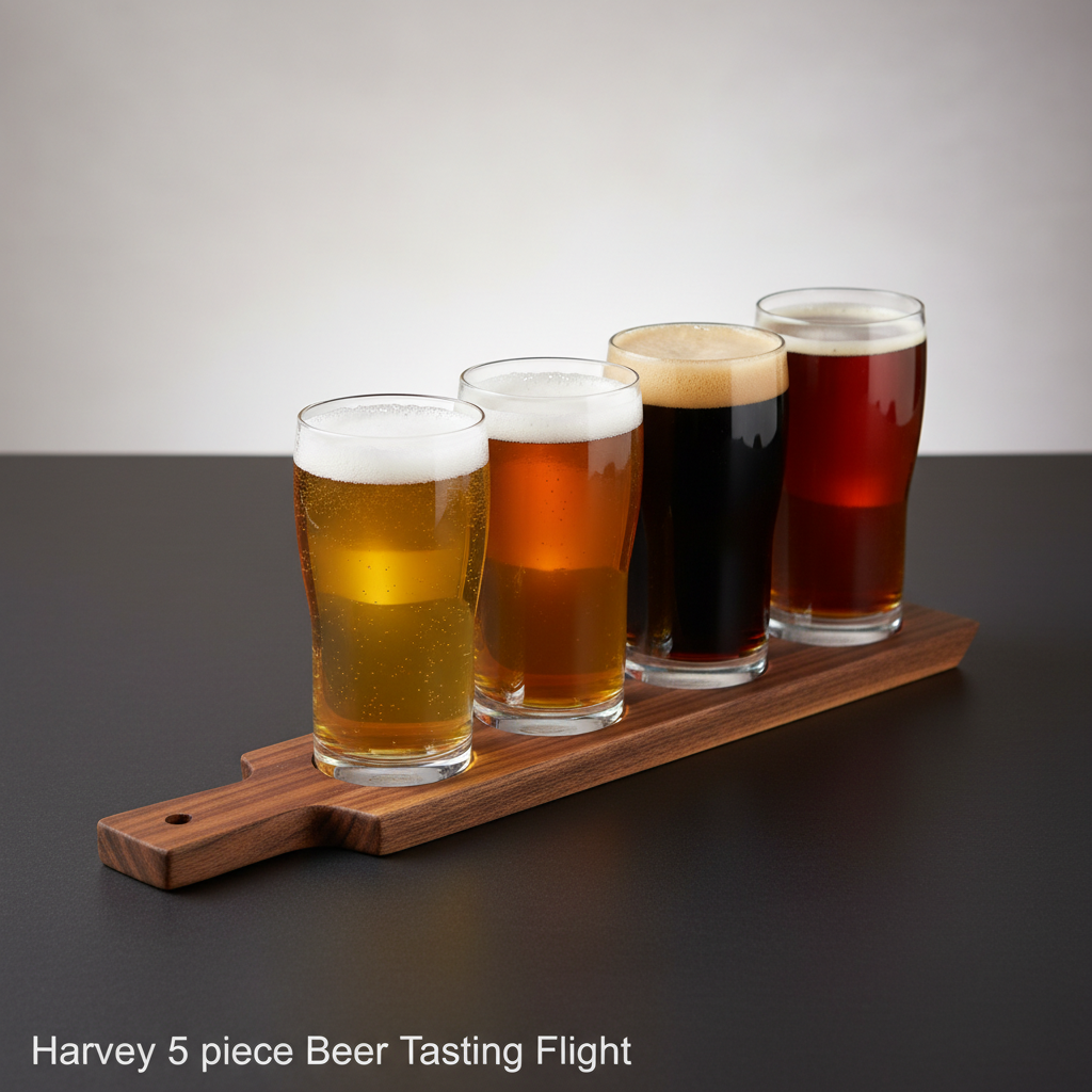 A vibrant lifestyle scene showcasing the 'Harvey 5 piece Beer Tasting Flight' in a modern, sunlit kitchen setting. Using natural diffused daylight from large windows, complemented by HDR studio lights to bring out the details of the glassware’s clarity and