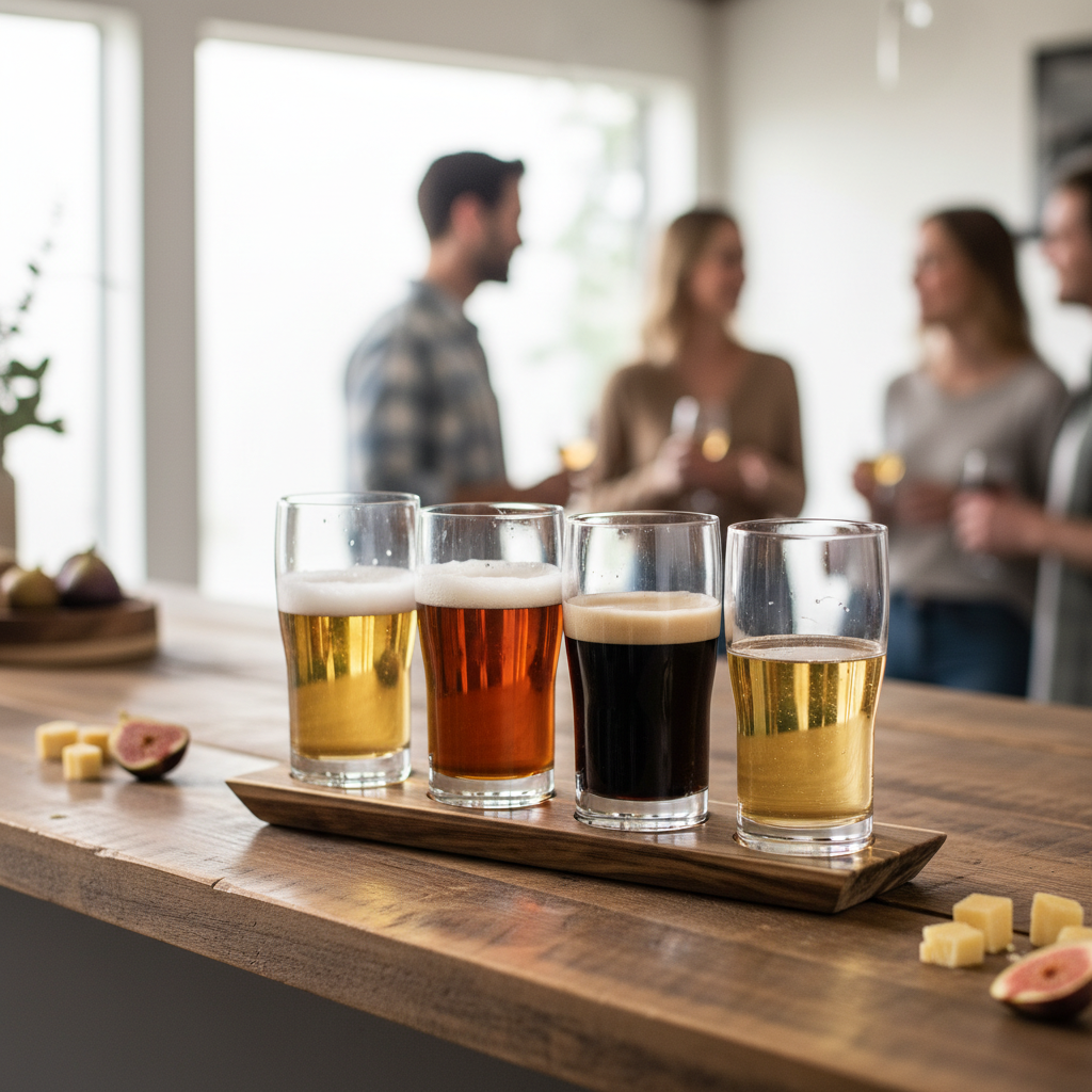A vibrant lifestyle scene showcasing the 'Harvey 5 piece Beer Tasting Flight' in a modern, sunlit kitchen setting. Using natural diffused daylight from large windows, complemented by HDR studio lights to bring out the details of the glassware’s clarity and