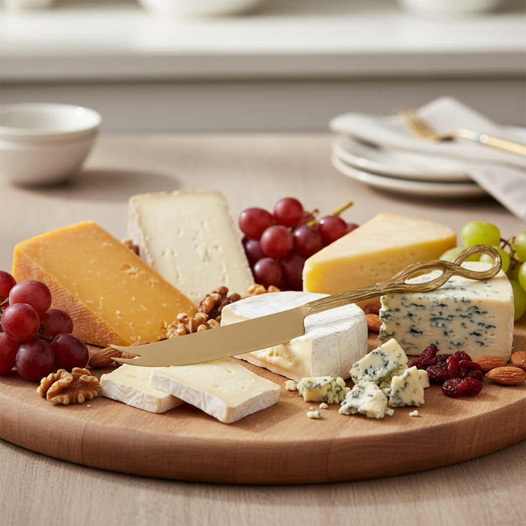 A lifestyle scene featuring the Infinity Cheese Knife - Brush Gold gracefully positioned on a rustic wooden cheese platter surrounded by assorted cheeses, grapes, and nuts. Captured from a slightly above angle using a 50mm lens with diffused daylight for a