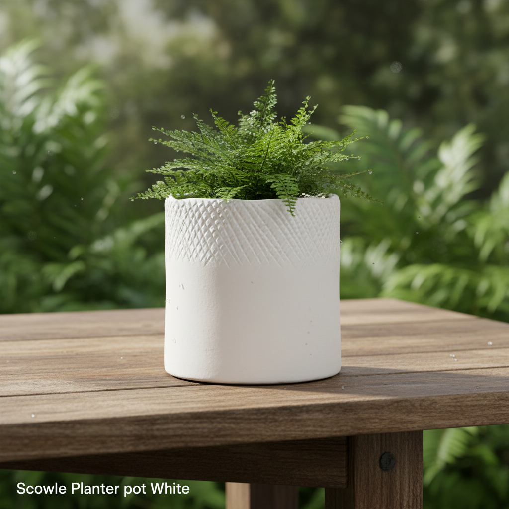 Design a vibrant lifestyle setting featuring the 'Scowle Planter Pot White' placed on a rustic wooden table outdoors, illuminated by HDR studio lighting that mimics natural sunlight. Use a wide-angle shot from eye-level with a 35mm lens to frame the plante
