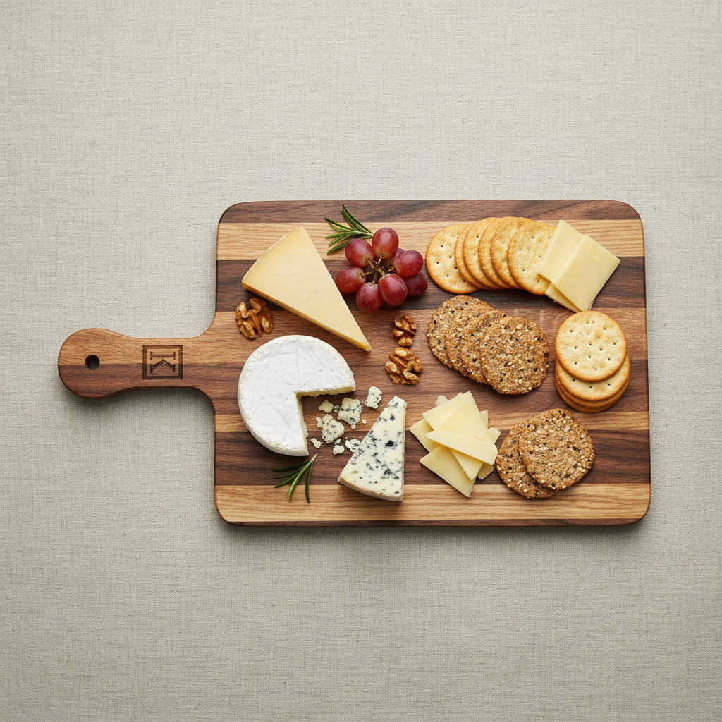 Create a high-resolution, studio shot of the 'Serving Board Oak and Black Walnut', captured from a top-down angle with a 50mm lens, emphasizing the natural grain and rich color contrast of the wood. Use softbox lighting with diffused daylight simulation fo