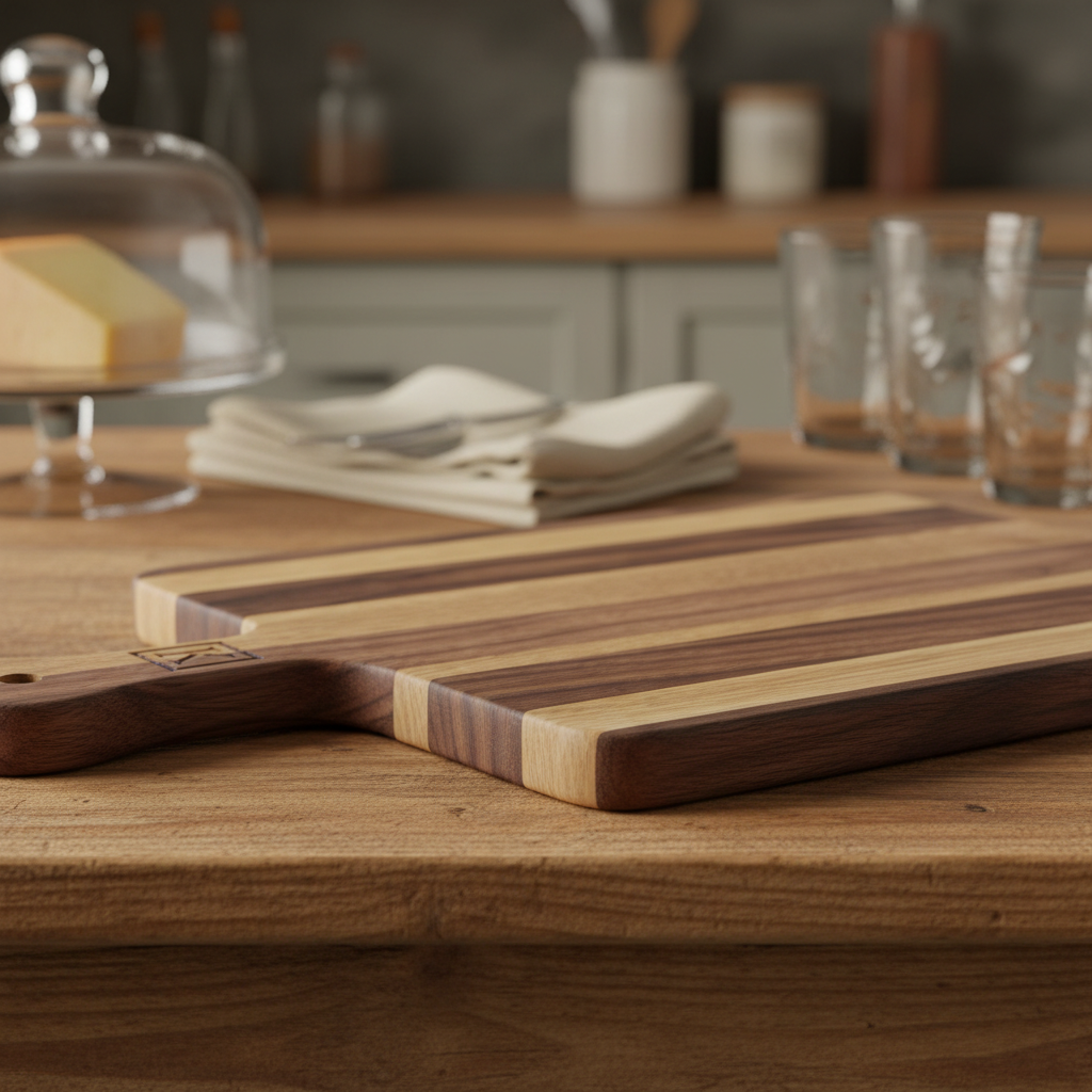 Create a high-resolution, studio shot of the 'Serving Board Oak and Black Walnut', captured from a top-down angle with a 50mm lens, emphasizing the natural grain and rich color contrast of the wood. Use softbox lighting with diffused daylight simulation fo