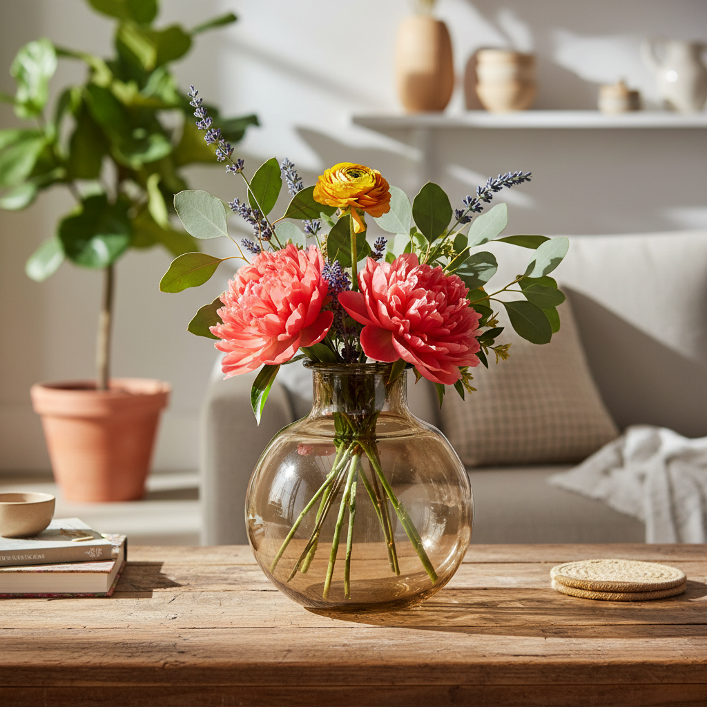 A vibrant lifestyle scene featuring the Turia Bottle Vase - Cinnamon placed on a rustic wooden table in a sunlit interior setting. The scene is shot with an HDR studio light setup to mimic natural daylight, from a slightly elevated angle at 50mm with a wid